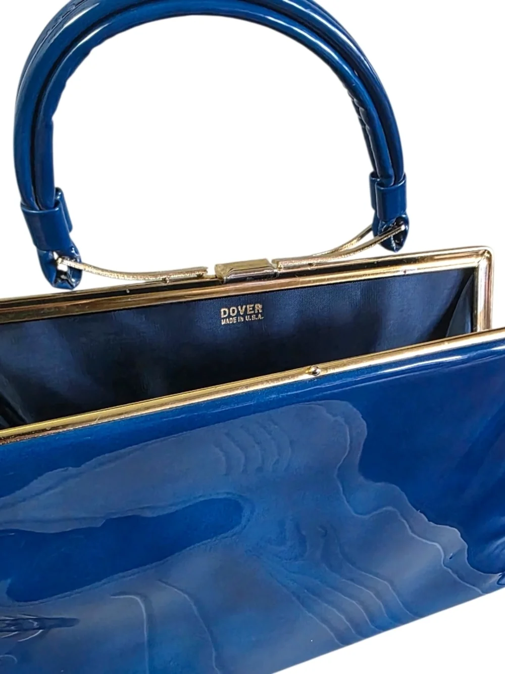 Vintage 1960s Dover Royal Blue Patent Leather Satchel Rare Structured Handle Top